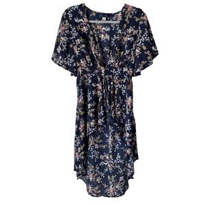 Francesca’s Blue Rain Floral Long Button Front High Low Cover Up Dress/Kimono